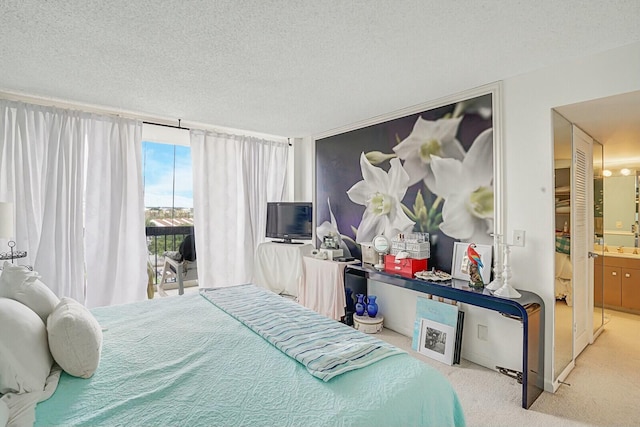 carpeted bedroom with a sink, ensuite bath, and a textured ceiling