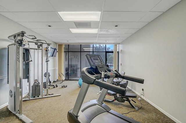 exercise room featuring a drop ceiling, a wall of windows, baseboards, and carpet floors