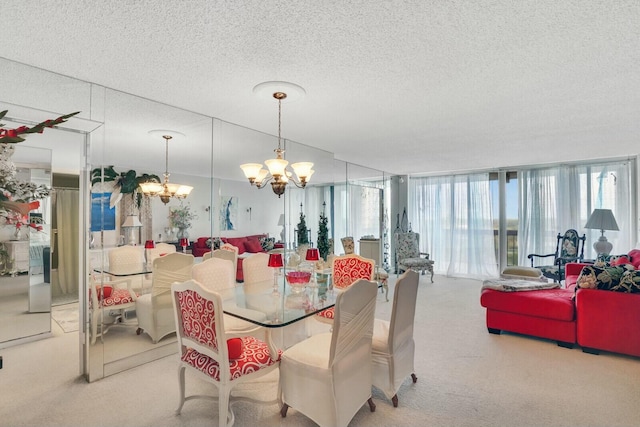 dining space with carpet, a chandelier, and a textured ceiling