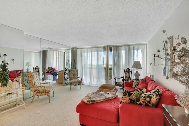 carpeted living room with a textured ceiling