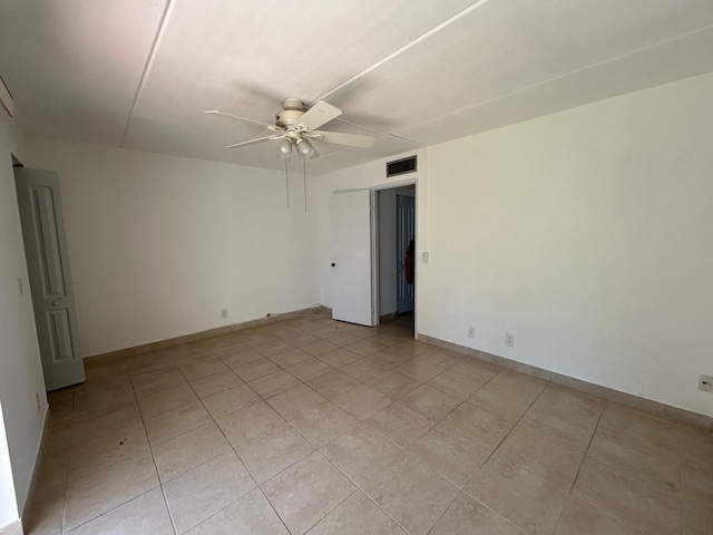 empty room with visible vents, baseboards, and a ceiling fan