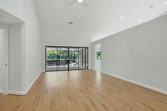 empty room with visible vents, baseboards, light wood finished floors, recessed lighting, and ceiling fan