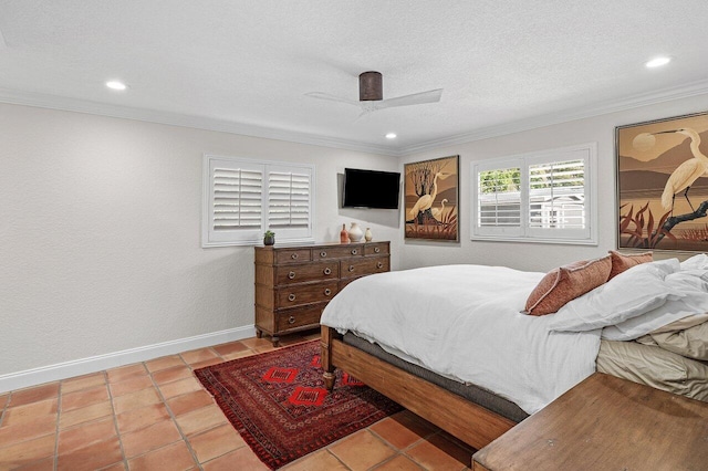 tiled bedroom featuring a textured ceiling, recessed lighting, baseboards, and ornamental molding