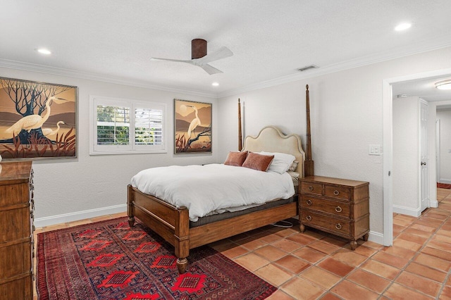 bedroom with visible vents, ceiling fan, crown molding, and baseboards