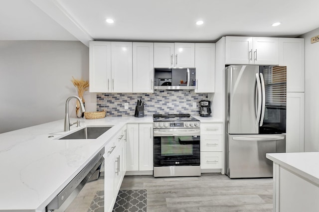 kitchen with a sink, stainless steel appliances, white cabinets, and decorative backsplash