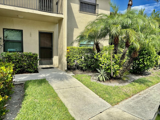 doorway to property with stucco siding and a balcony