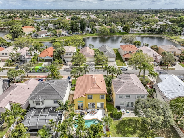 aerial view featuring a residential view and a water view