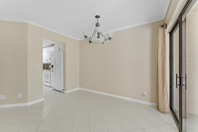 unfurnished room with a notable chandelier, baseboards, light tile patterned floors, and ornamental molding