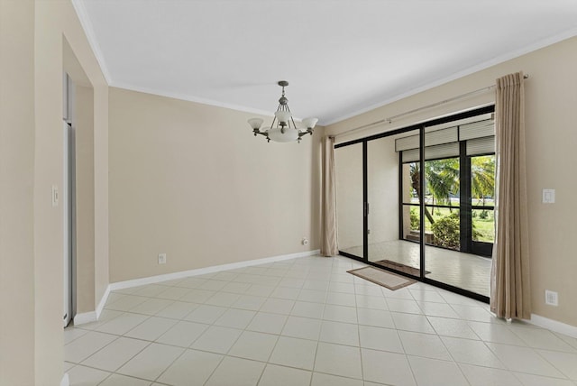 spare room with crown molding, a notable chandelier, baseboards, and light tile patterned floors