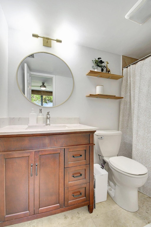 full bath featuring tile patterned floors, visible vents, toilet, a shower with curtain, and vanity