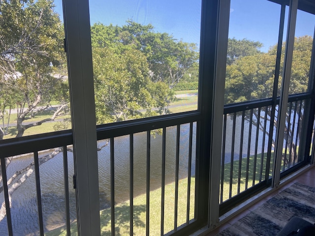 exterior space with a water view