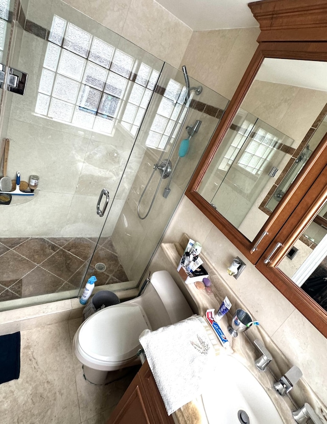 bathroom featuring vanity, toilet, and a shower stall