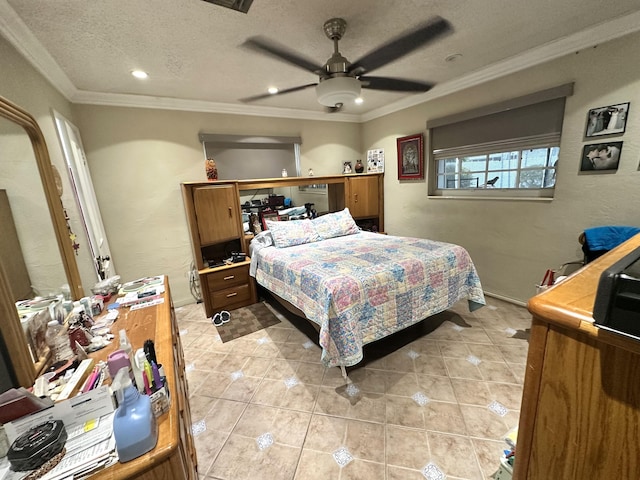 bedroom featuring a ceiling fan, baseboards, light tile patterned flooring, ornamental molding, and a textured ceiling