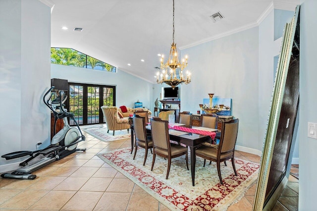 2161 NW 59th St, Boca Raton, FL 33496 - dining area featuring visible vents, french doors, lofted ceiling, and ornamental molding