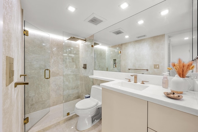 bathroom with visible vents, a stall shower, toilet, and vanity