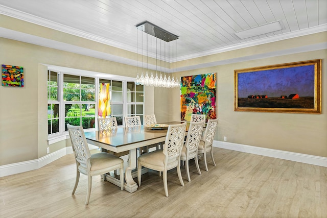 dining area with ornamental molding, wood ceiling, baseboards, and wood finished floors