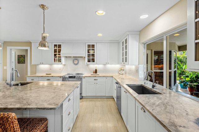 kitchen with a sink, custom range hood, tasteful backsplash, and stainless steel appliances