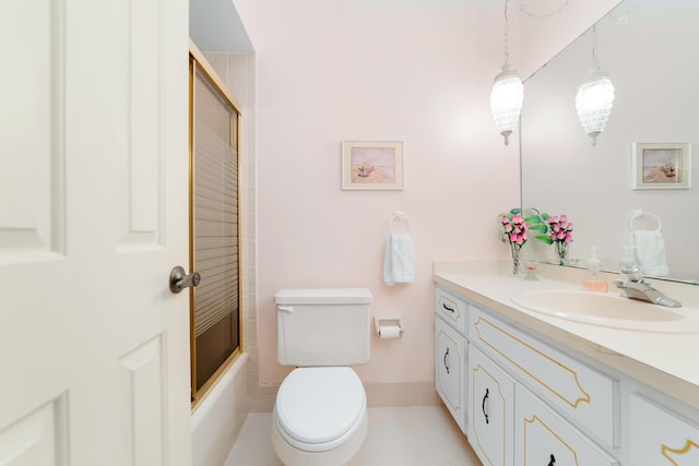 bathroom featuring bath / shower combo with glass door, toilet, and vanity