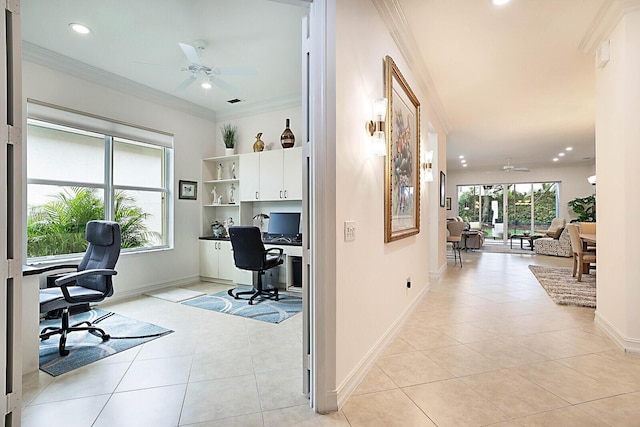 office space featuring light tile patterned floors, a ceiling fan, baseboards, recessed lighting, and ornamental molding