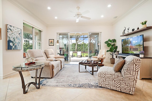 living room with recessed lighting, light tile patterned flooring, ornamental molding, and a ceiling fan