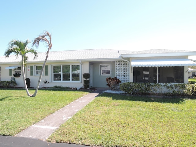 ranch-style house with stucco siding and a front lawn