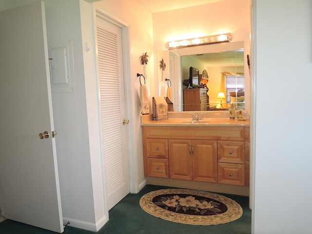 bathroom featuring electric panel and vanity