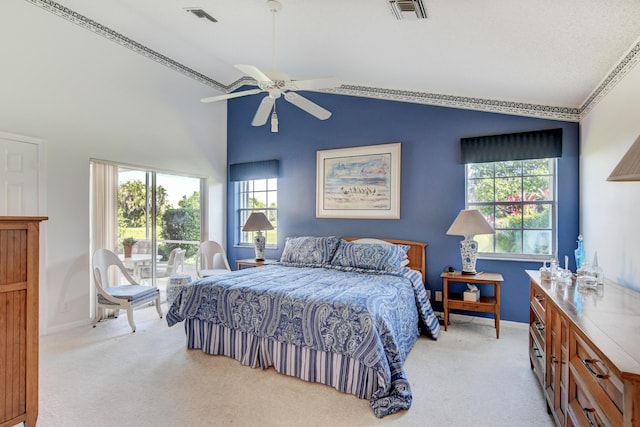 bedroom featuring light carpet, visible vents, baseboards, and access to exterior