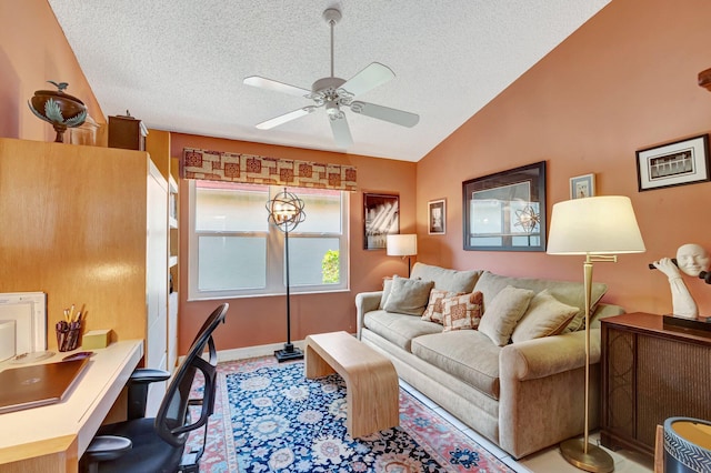 6089 Bay Isles Dr, Boynton Beach, FL 33437 - living room with a textured ceiling, lofted ceiling, baseboards, and ceiling fan