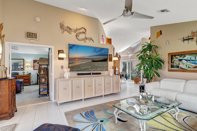6089 Bay Isles Dr, Boynton Beach, FL 33437 - living room featuring light tile patterned floors, visible vents, high vaulted ceiling, and a ceiling fan