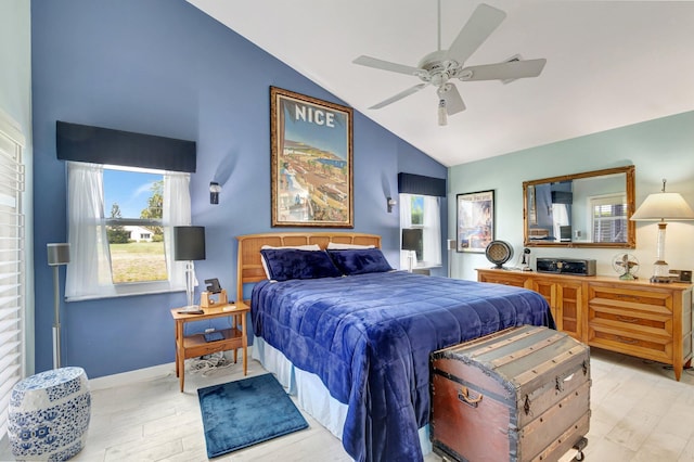 6089 Bay Isles Dr, Boynton Beach, FL 33437 - bedroom featuring baseboards, lofted ceiling, wood finished floors, and a ceiling fan