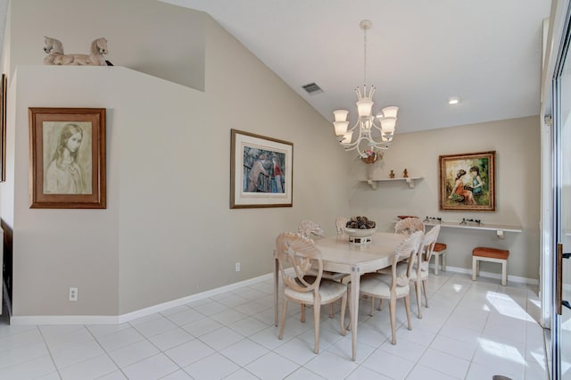 dining space featuring light tile patterned floors, visible vents, an inviting chandelier, and vaulted ceiling