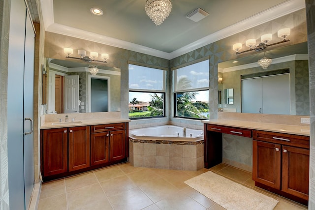 full bath with a chandelier, a garden tub, ornamental molding, tile patterned floors, and vanity