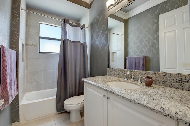 bathroom featuring tile patterned floors, toilet, shower / bath combo, wallpapered walls, and vanity