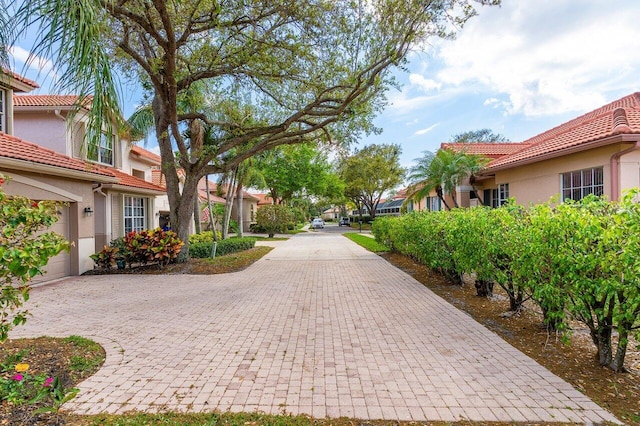 view of property's community featuring decorative driveway and a garage