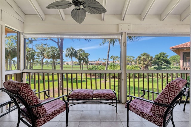 168 Brackenwood Rd, Palm Beach Gardens, FL 33418 - sunroom / solarium featuring beamed ceiling and a ceiling fan