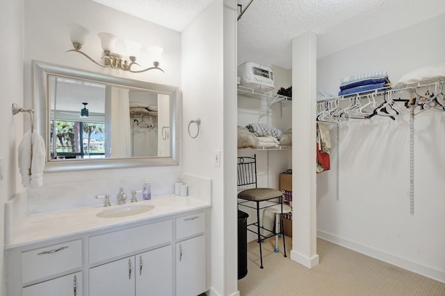 168 Brackenwood Rd, Palm Beach Gardens, FL 33418 - bathroom with baseboards, vanity, a textured ceiling, and a spacious closet