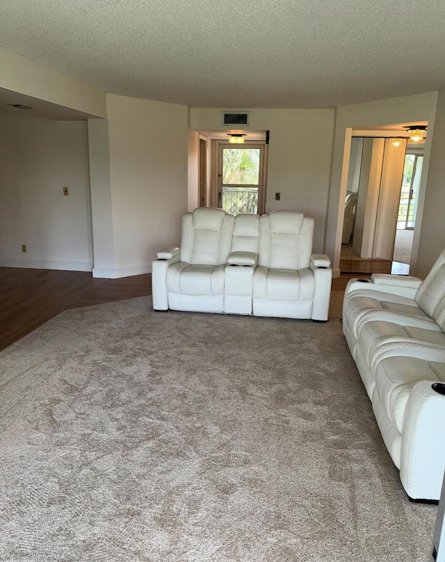 3871 Via Poinciana Unit 302, Lake Worth, FL 33467 - carpeted living area with a textured ceiling, baseboards, and visible vents