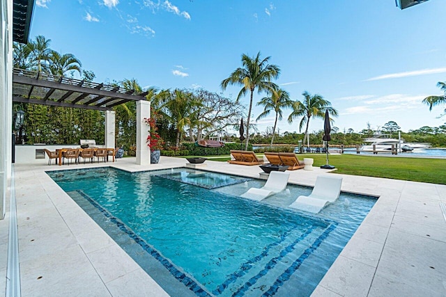 outdoor pool with a patio, an outdoor living space, a pergola, a lawn, and outdoor dry bar