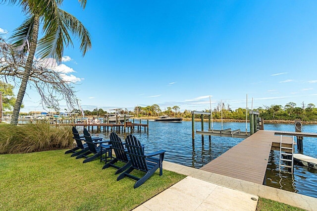 view of dock featuring boat lift, a water view, and a lawn