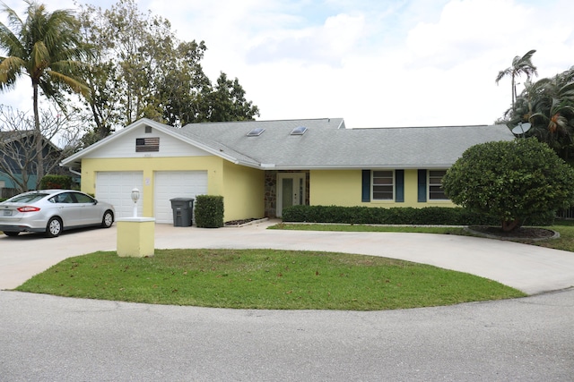 single story home with concrete driveway, stucco siding, a garage, and a shingled roof