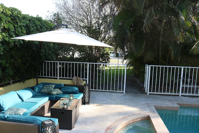 view of patio with an outdoor pool, an outdoor hangout area, an in ground hot tub, and fence