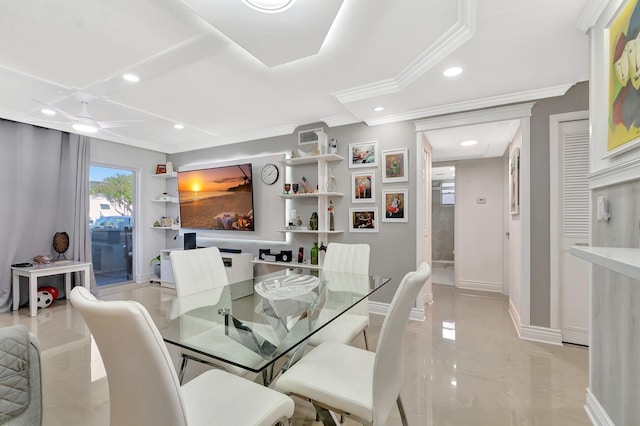 dining space with recessed lighting, ceiling fan, baseboards, and ornamental molding