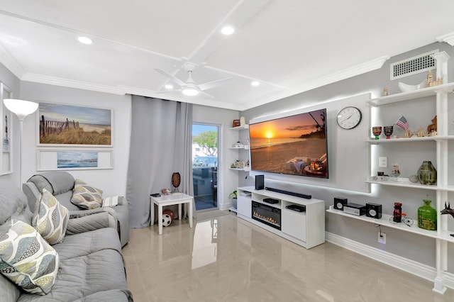 living area featuring visible vents, ornamental molding, a ceiling fan, a glass covered fireplace, and recessed lighting