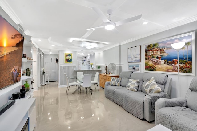 living room with recessed lighting, marble finish floor, ceiling fan, and ornamental molding