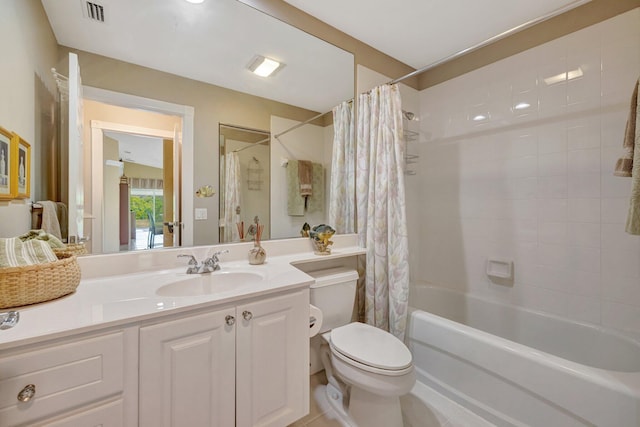 bathroom with tile patterned floors, toilet, vanity, shower / bathtub combination with curtain, and visible vents