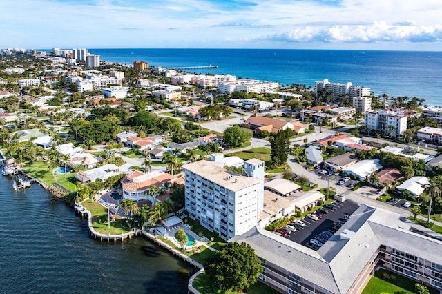 bird's eye view with a water view and a view of city