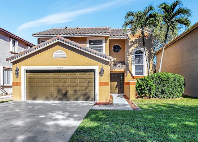 mediterranean / spanish-style home featuring stucco siding, a front lawn, concrete driveway, a garage, and a tiled roof