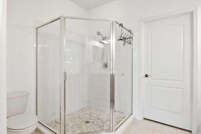 bathroom featuring toilet, a shower stall, and tile patterned flooring