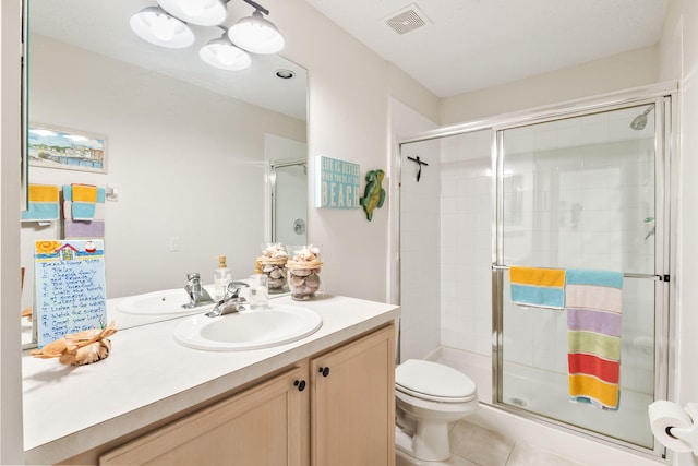 full bathroom with tile patterned floors, visible vents, a stall shower, and toilet