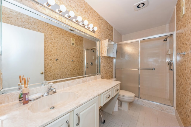 bathroom featuring vanity, visible vents, a stall shower, tile patterned floors, and toilet